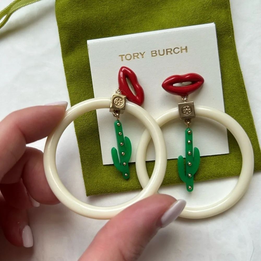 Tory Burch Cactus Earrings Red White Green Gold